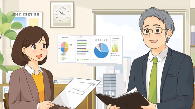 PSD オフィス で ビジネス の 同僚 たち が チャート や 報告書 を レビュー し て いる