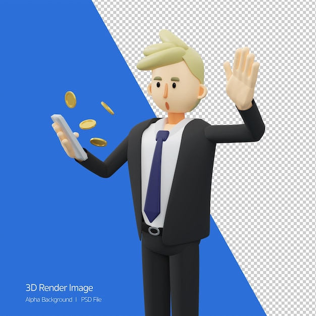 Business conceptgot earninghalf body of businessman is holding a smartphonemoney came out3d rendering cartoon illustration