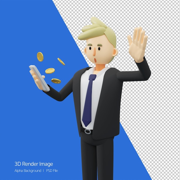 ビジネスコンセプトが稼いでいるビジネスマンの半身がスマートフォンを持っているお金が出てきた3dレンダリング漫画イラスト