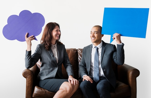 PSD business couple with speech bubbles