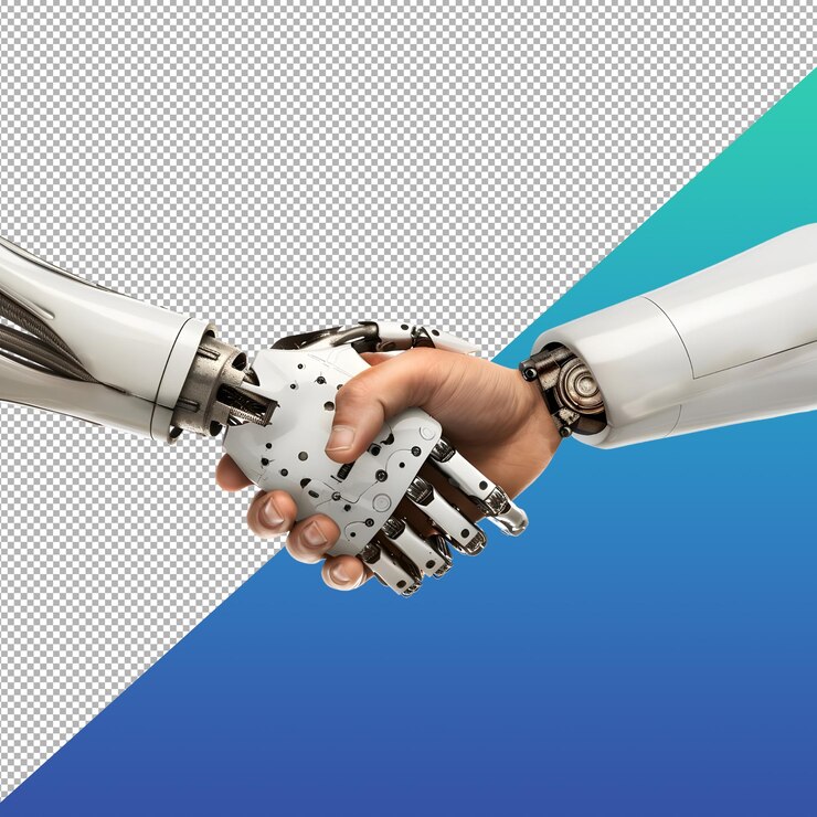 PSD business deal done shake hand robot and human hand robot