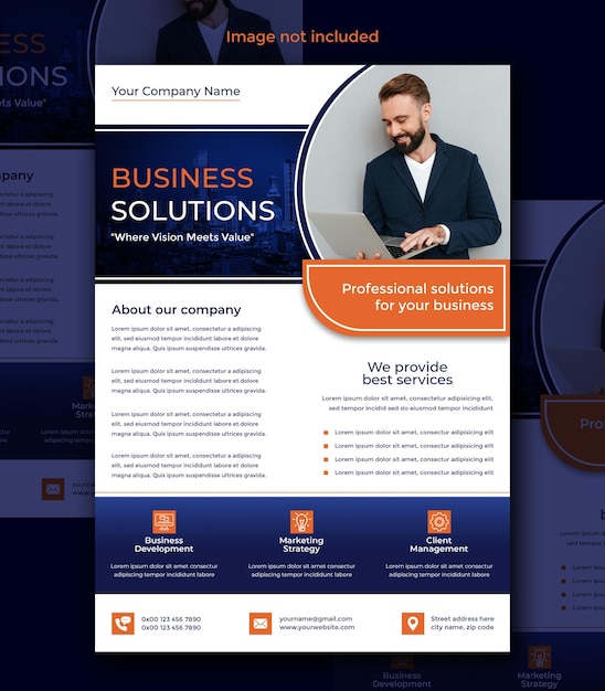 Business flyer template and the man with a laptop