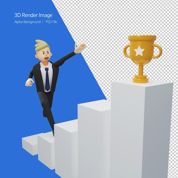 ビジネスの目標の概念ビジネスマンの完全な長さは、漫画のイラストをレンダリングする目標trophy3dを取得しようとしています