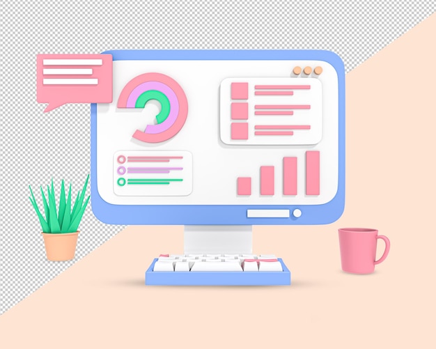 business graph with computer mug and tree 3d icon business data market elements dot bar pie charts