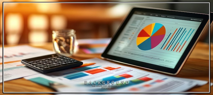 PSD business graphs and data analysis on a tablet and paperwork on a desk