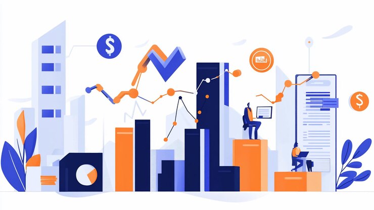 PSD business growth illustrated with graphs charts and figures in a city skyline