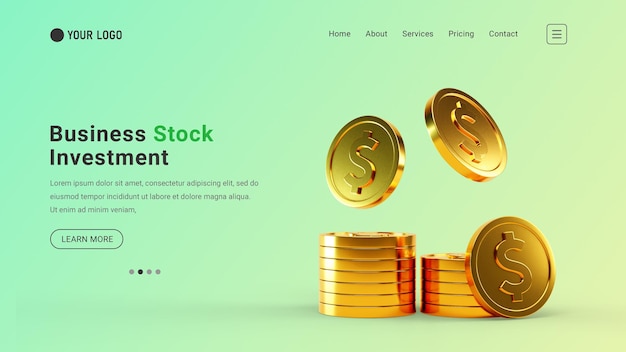 Business investment landing page website with dollar coin concept