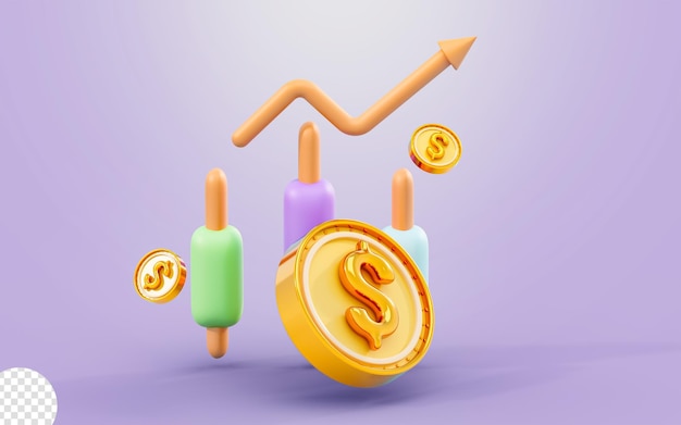 PSD business line chart up arrow with dollar coin sign 3d render concept for financial growth profit