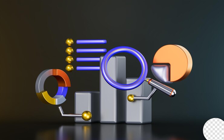 PSD business line chart with pie magnify glass on dark background 3d render concept for data research