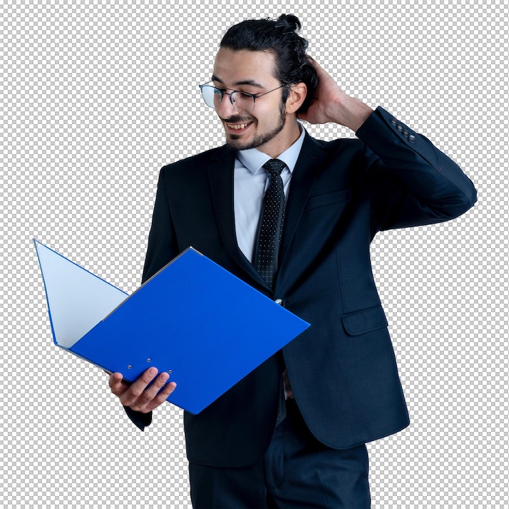 PSD business man in black suit and glasses holding folder looking confused scratching his head standing over white wall
