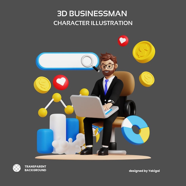Business man browsing on laptop 3d character illustration for uiux web app infographic etc