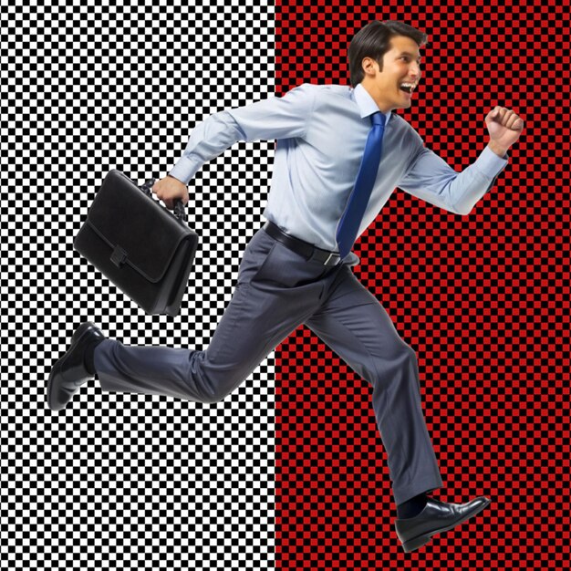 PSD a business man holding bag and run on transparent background