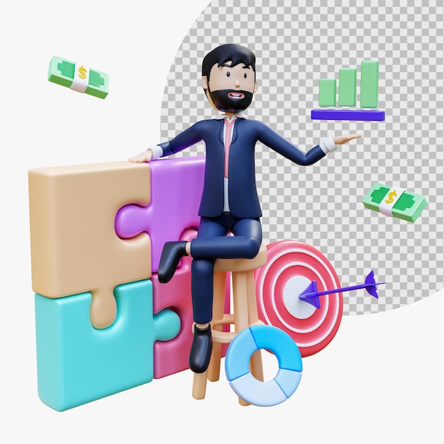 Business man sit on chair holding chart bar with jigsaw puzzle archery target arrow and dollar money