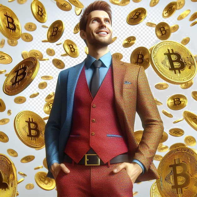 Un uomo d'affari in abito con bitcoin che piove su uno sfondo trasparente