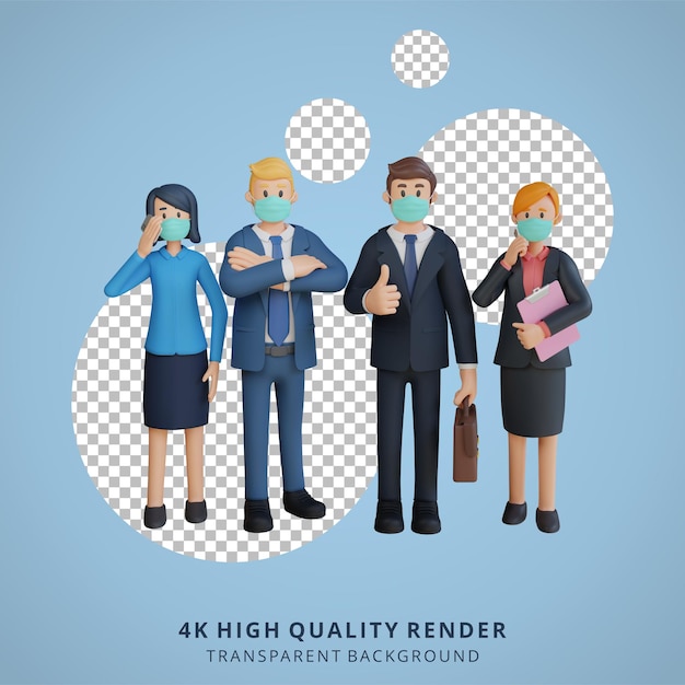 PSD business man and woman standing side by side character wearing mask 3d character illustration