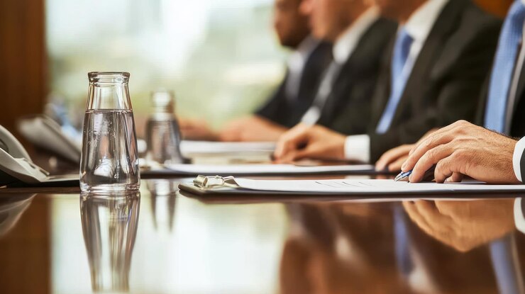 PSD business meeting executives review documents strategic planning session corporate conference room