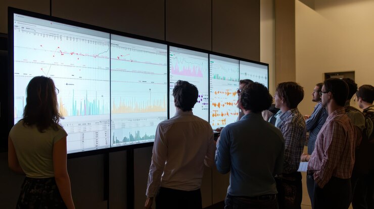 PSD business meeting with data analysis on large screen