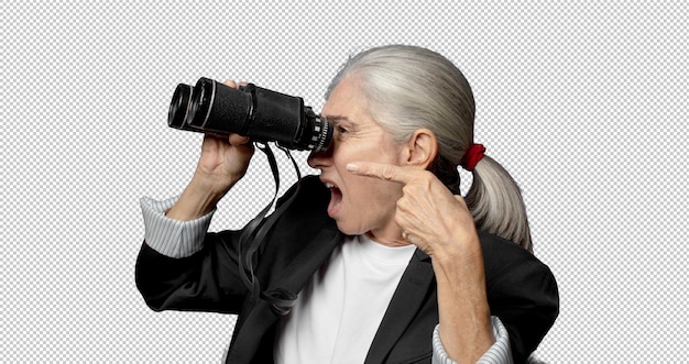 안경 을 들고 있는 중년 여성