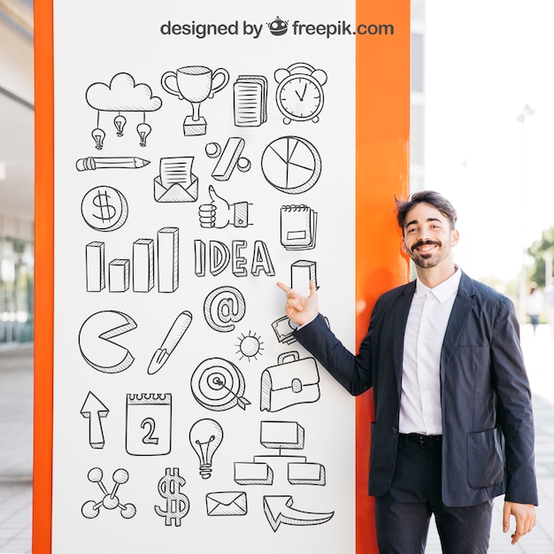 PSD business mockup with man in front of board