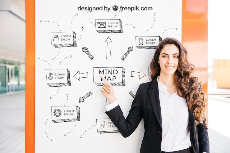PSD business mockup with modern woman pointing at board