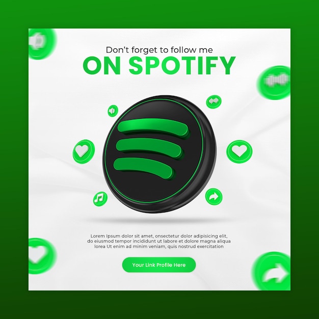 Promozione della pagina aziendale con rendering 3d icona spotify per instagram e modello di post sui social media