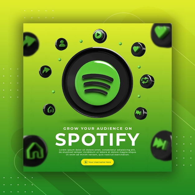 Promozione della pagina aziendale con spotify di rendering 3d per il modello di post di instagram