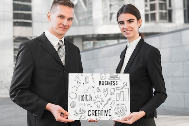 PSD business people holding paper mockup