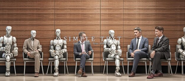 PSD business people and humanoid ai robot sitting and waiting for a job interview