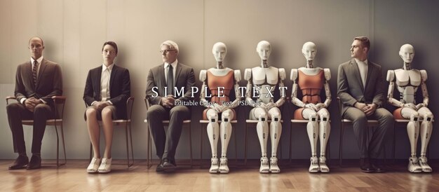 PSD business people and humanoid ai robot sitting and waiting for a job interview