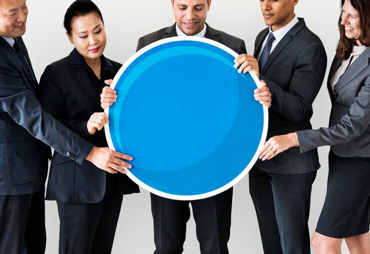 PSD business people standing and holding icon