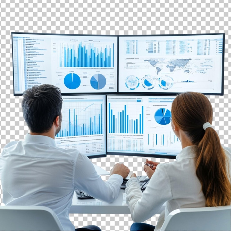 PSD business people working for data analytics on transparent background