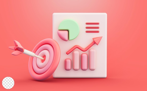 PSD business pie line chart bar bullseye arrow sign 3d render concept for financial target report