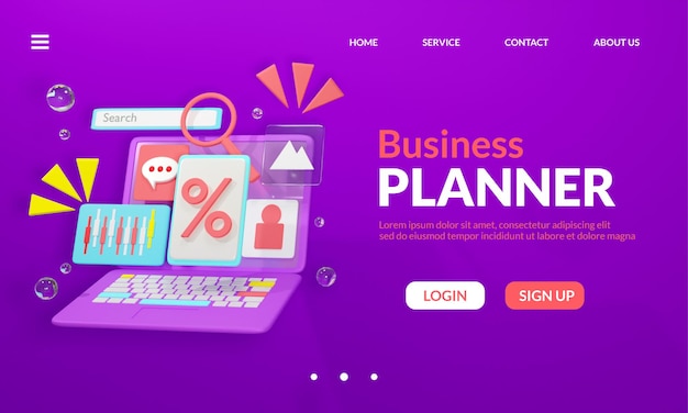 PSD business planner landing page design 3d