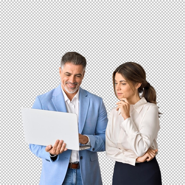 Business professionals collaborating on a laptop presentation