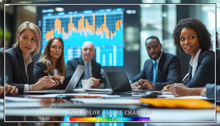 PSD business professionals in a meeting around a table with laptops and papers looking at the camera