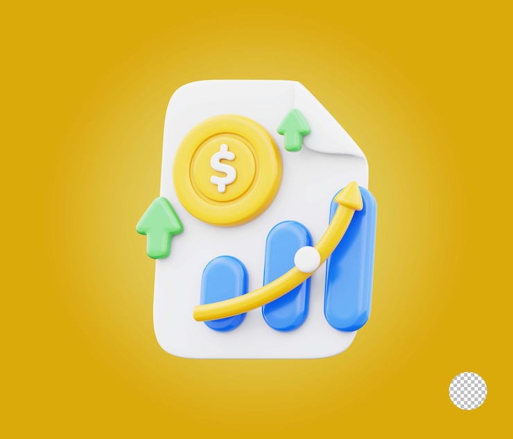 PSD business report on paper sheets clipboard with data coin and graph icon illustration