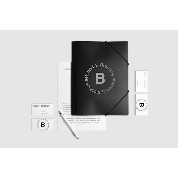 business stationery mock up with black folder on white background