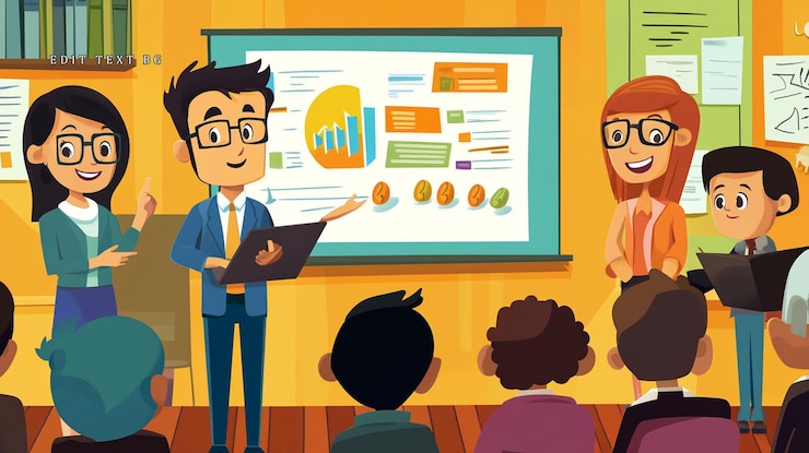 PSD business team presenting data analysis and financial report to colleagues in a meeting