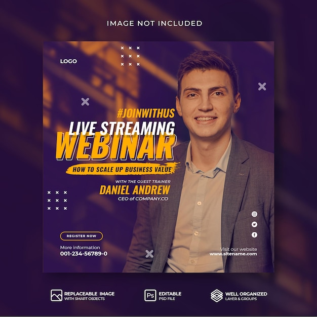 Business webinar corporate social media live webinar and instagram post template premium psd