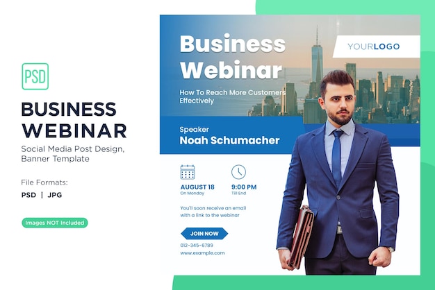 PSD business webinar przedsiębiorcze myślenie warsztaty banner design template