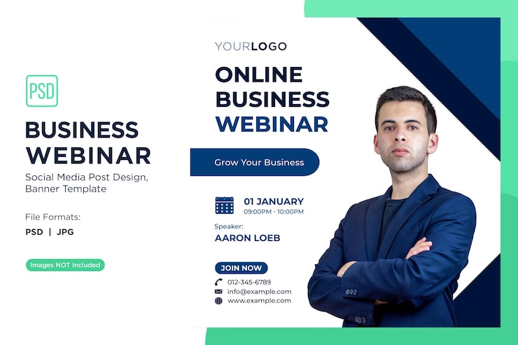 PSD business webinar przedsiębiorcze myślenie warsztaty banner design template