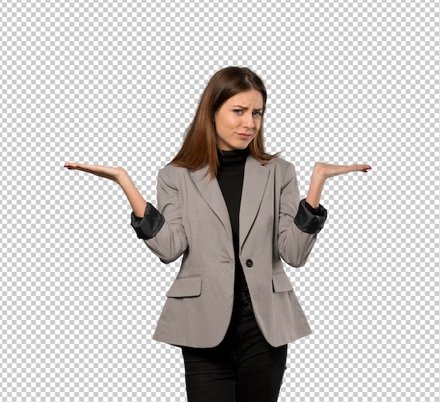 PSD business woman having doubts while raising hands