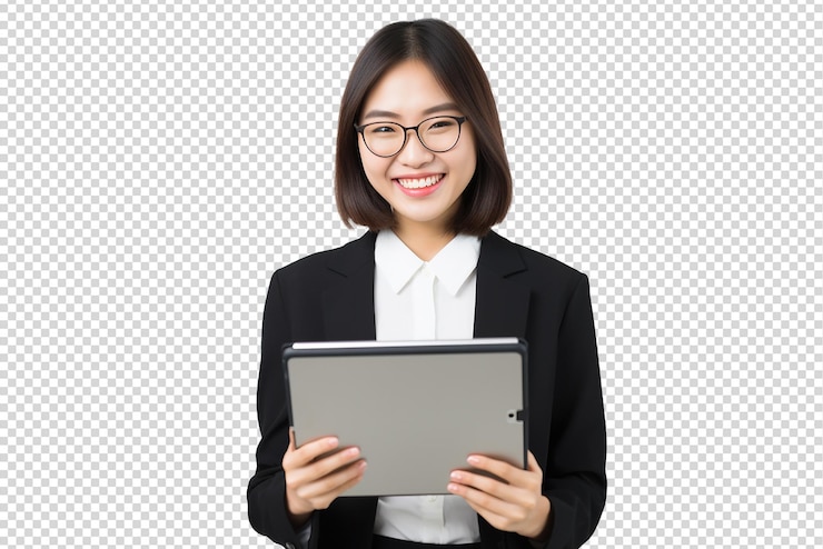 PSD 투명 한 배경 에 고립 된 태블릿 을 들고 있는 사업가