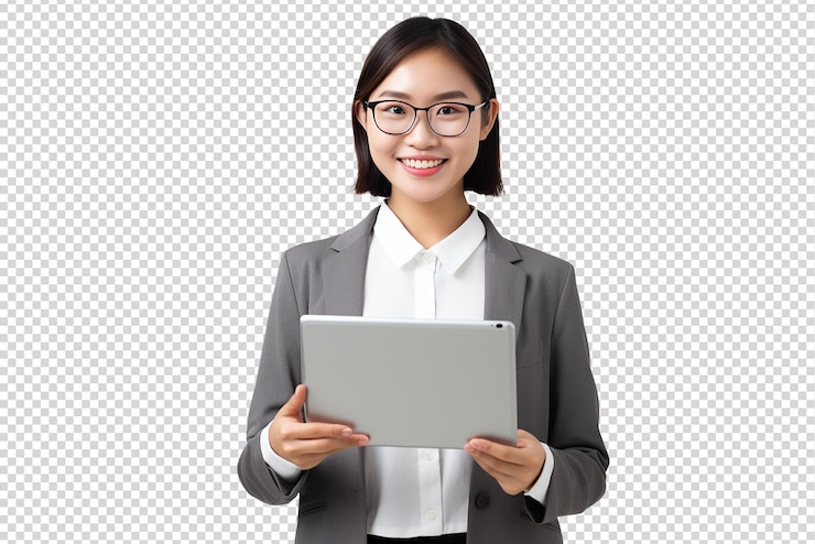 PSD 투명 한 배경 에 고립 된 태블릿 을 들고 있는 사업가