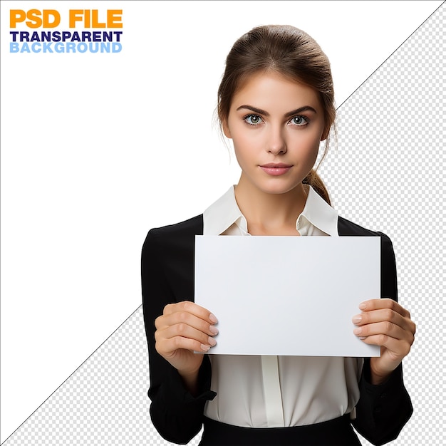 PSD business woman holding up a blank sign on transparent background