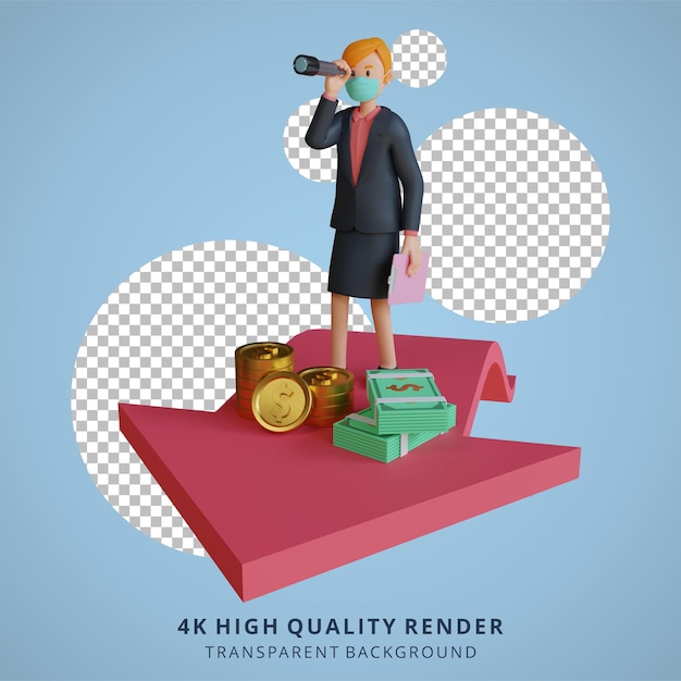 Business woman looking with binoculars and arrows character wearing mask 3d character illustration