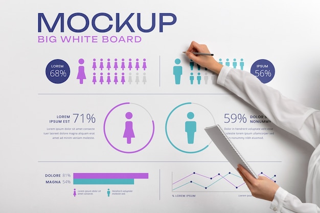 PSD オフィスのホワイト ボードに統計を提示するビジネス女性