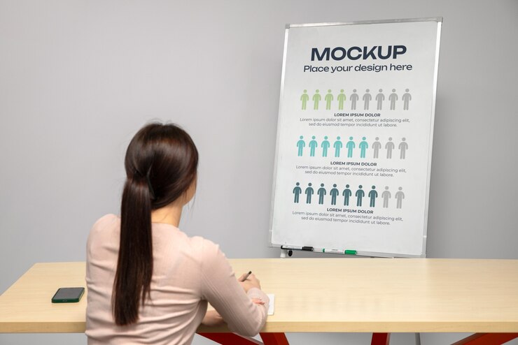 PSD business woman presenting statistics on white board in the office