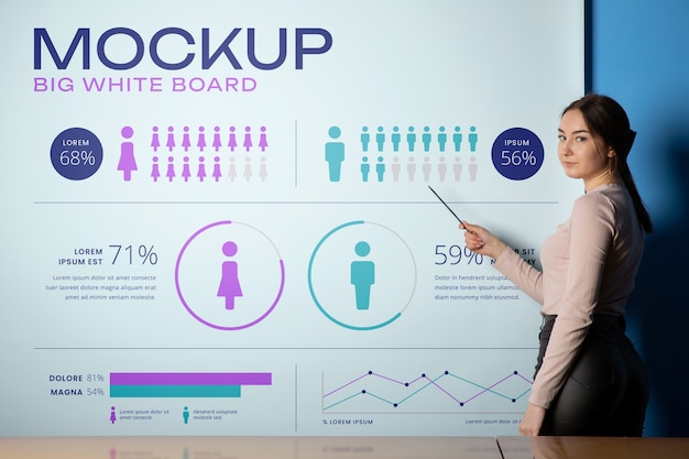 Business woman presenting statistics on white board in the office