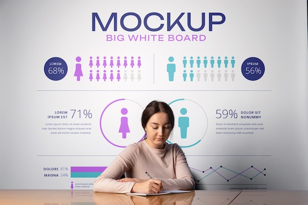 PSD business woman presenting statistics on white board in the office